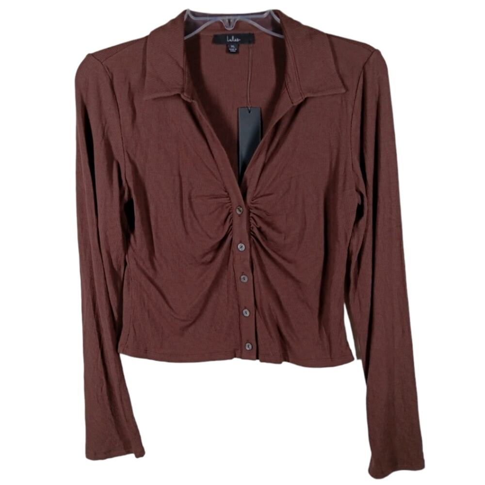 NWT Lulu's Crop Long Sleeve Button Front Shirt Brown size XL
